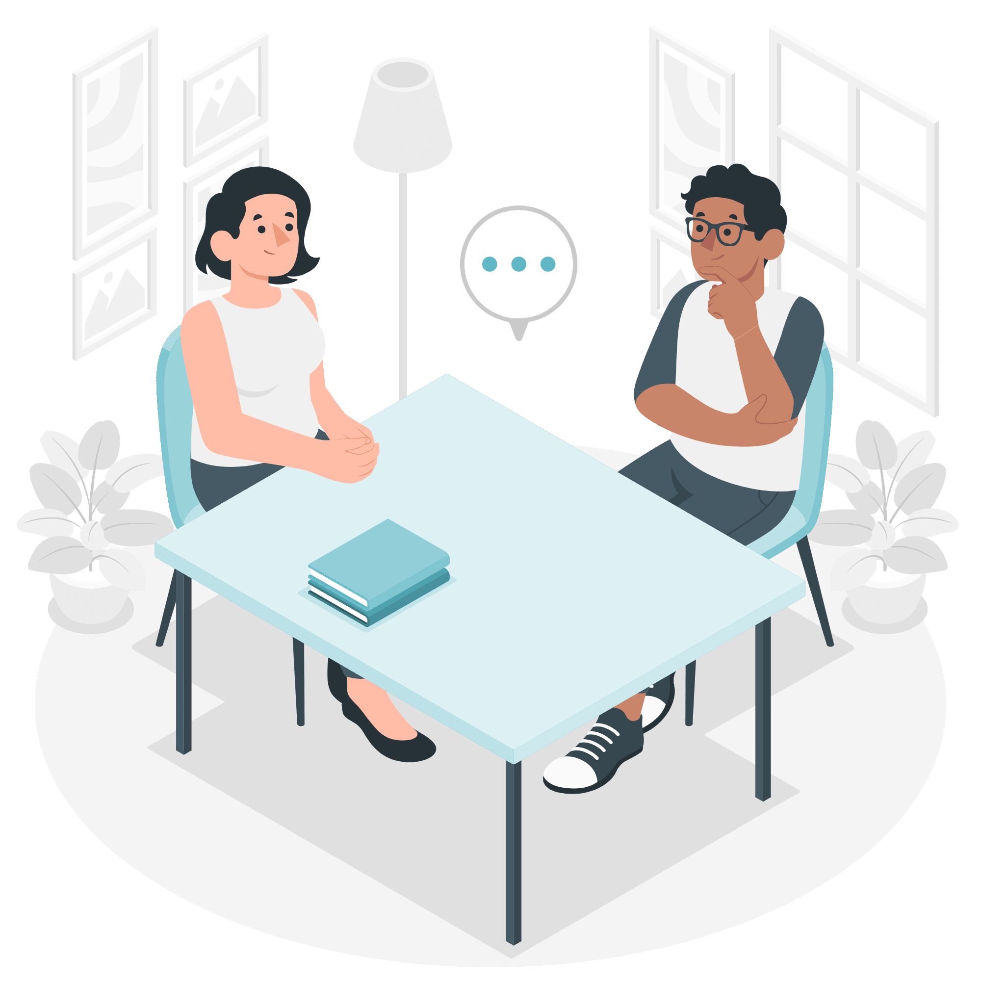 Une homme et une femme assis autour d'une table entrain de discuter